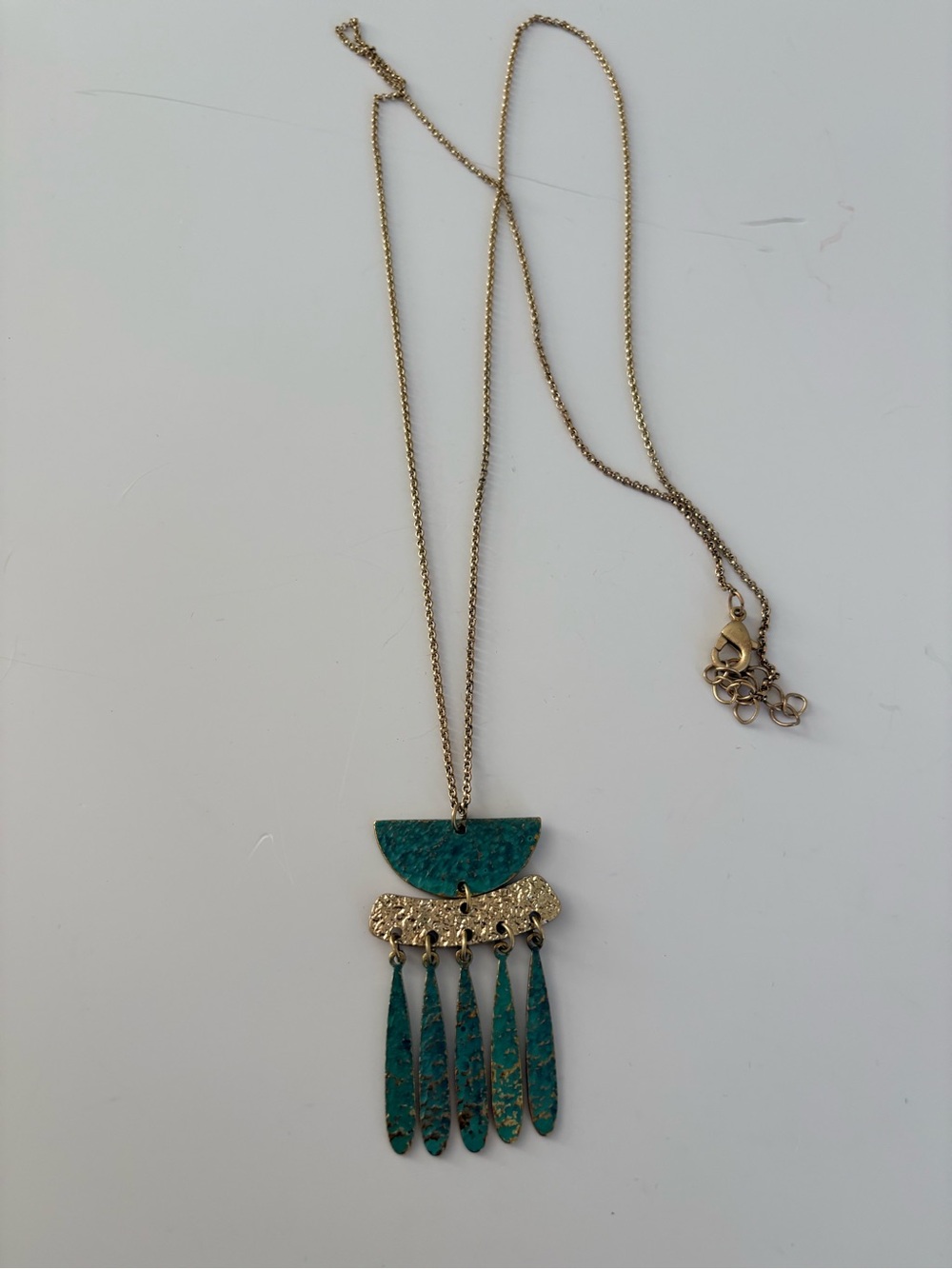 Gold Tone Necklace with Teal Patina Fringe Pendant